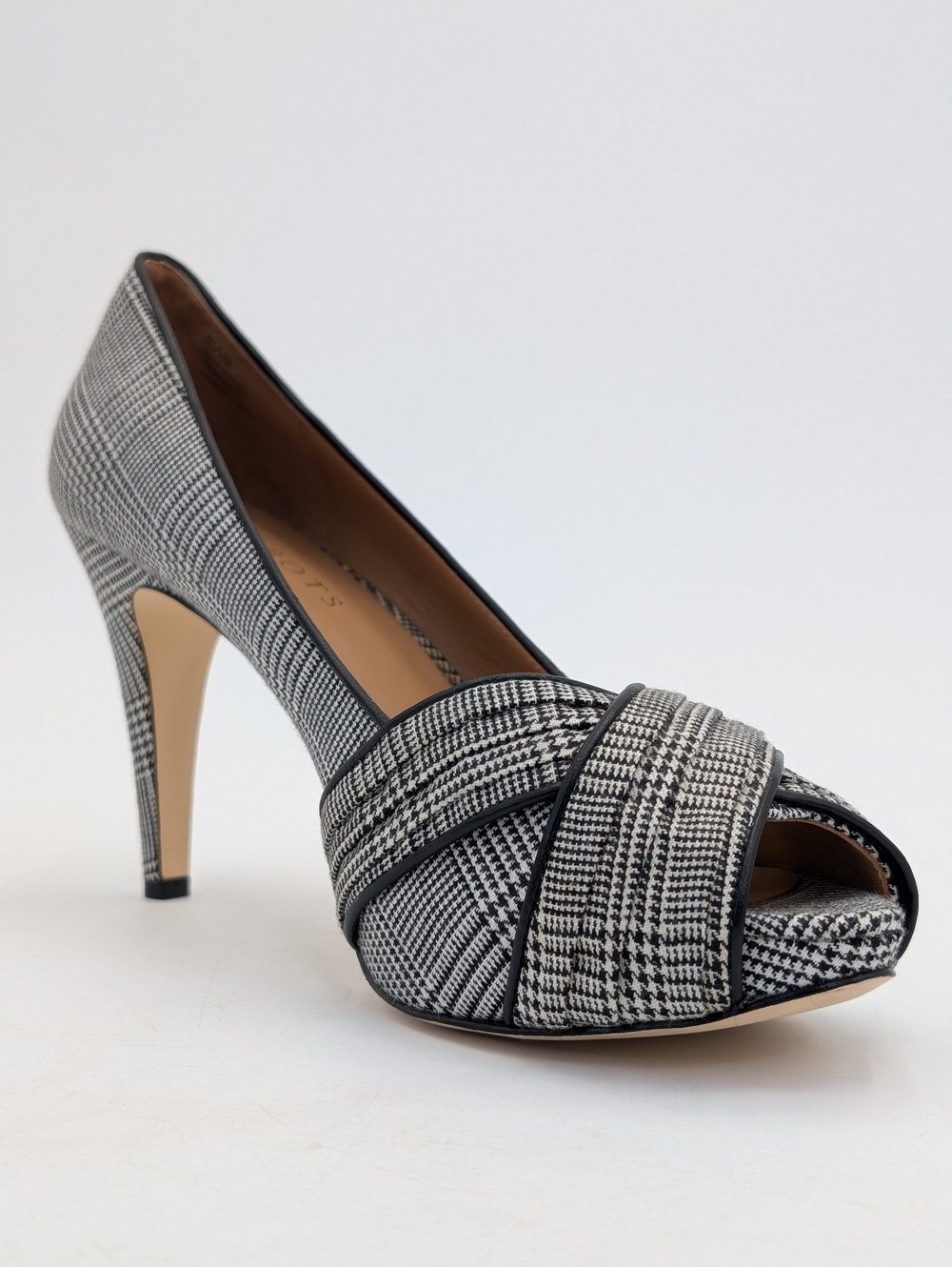 Talbots Sz 9.5M Plaid Black & White Textile Uppers Peep-Toe Crisscross Stiletto - Picture 7 of 17